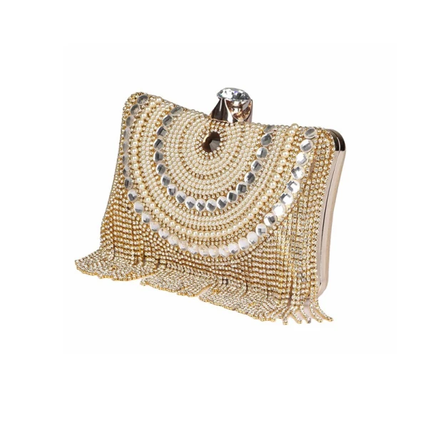Fashion Gold Square Clutch Bags 2020 Metal Beading Pearl Rhinestone Tassel