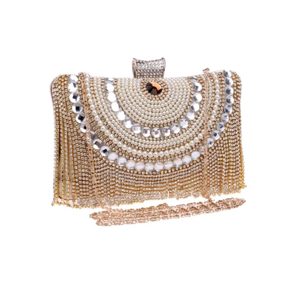 Fashion Gold Square Clutch Bags 2020 Metal Beading Pearl Rhinestone Tassel