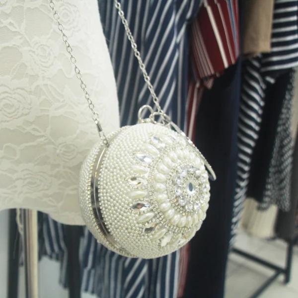 Chic / Beautiful Silver Round Clutch Bags 2020 Metal Beading Pearl Rhinestone