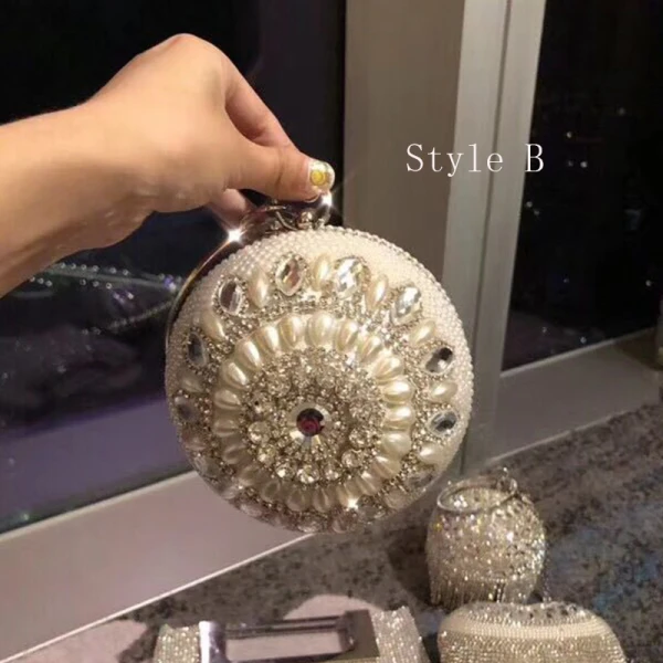 Chic / Beautiful Silver Round Clutch Bags 2020 Metal Beading Pearl Rhinestone