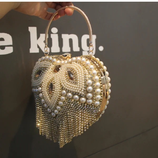 Mote Gull Hjerteformet Håndvesken 2020 Metall Perle Rhinestone Dusk