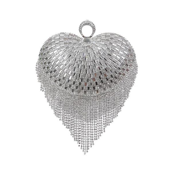 Mode Argenté Cuir Verni Forme de coeur Pochette 2020 Métal Faux Diamant Gland