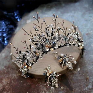 Barocke Schwarz Tiara Ohrringe 2020 Legierung Perlenstickerei Kristall Haarschmuck Braut