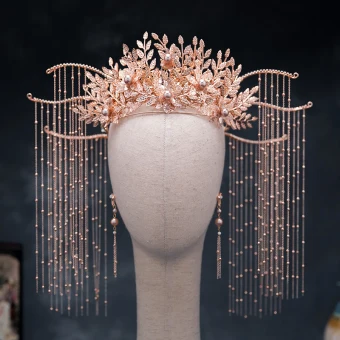 Chinese Style Rose Gold Bridal Jewelry 2020 Alloy Leaf Pearl Tassel Earrings Tiara Wedding Accessories