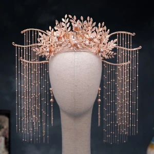 Chinesischer Stil Rose Gold Brautschmuck 2020 Legierung Blatt Perle Quaste Ohrringe Diadem Hochzeit Brautaccessoires