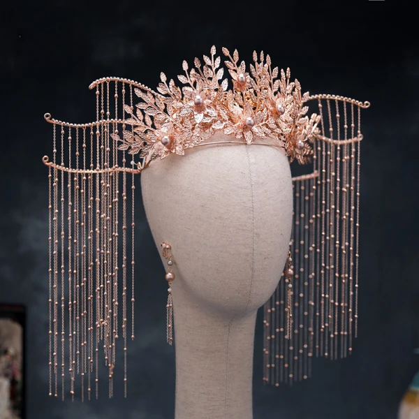 Chinese style Rose Gold Bridal Jewelry 2020 Alloy Leaf Pearl Tassel Earrings Tiara Wedding Accessories