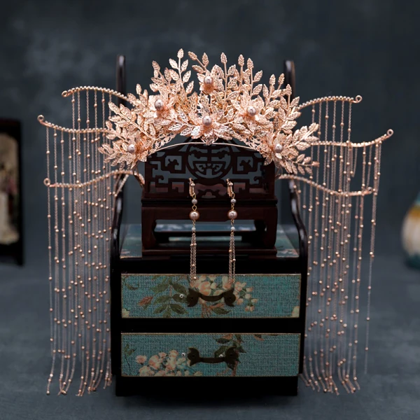 Chinese style Rose Gold Bridal Jewelry 2020 Alloy Leaf Pearl Tassel Earrings Tiara Wedding Accessories