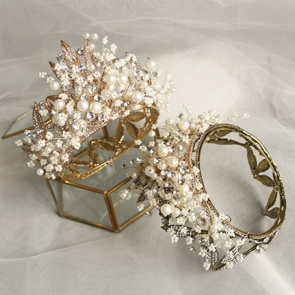 Fabelaktig Gull Tiara Bryllup Tilbehør 2020 Metall Beading Perle Rhinestone Har Tilbehor