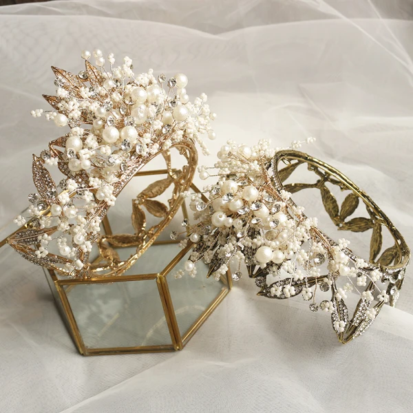 Fabelaktig Gull Tiara Bryllup Tilbehør 2020 Metall Beading Perle Rhinestone Har Tilbehor