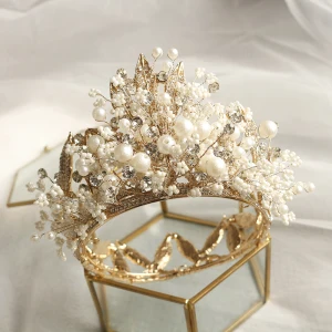 Fantastisk Guld Tiara Bröllop Tillbehör 2020 Metall Beading Pärla Rhinestone Brud Huvudbonad