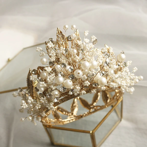 Fabelaktig Gull Tiara Bryllup Tilbehør 2020 Metall Beading Perle Rhinestone Har Tilbehor