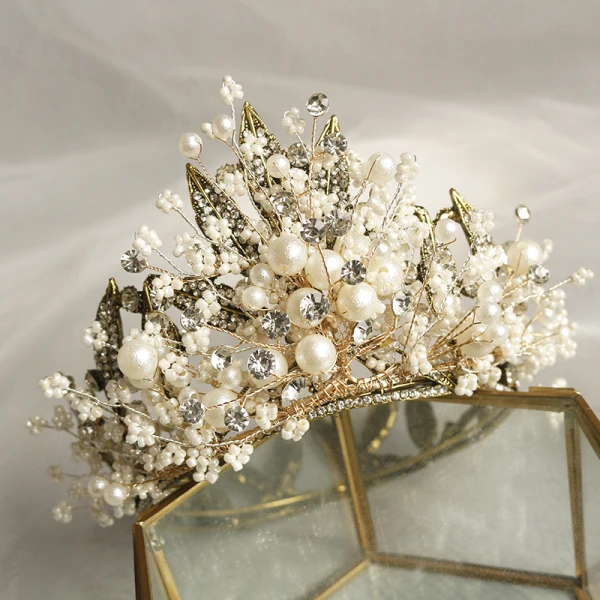Fabelaktig Gull Tiara Bryllup Tilbehør 2020 Metall Beading Perle Rhinestone Har Tilbehor