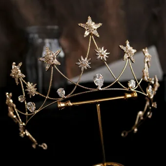 Modest Simple Gold Tiara Bridal Hair Accessories 2020 Alloy Star Beading Rhinestone Wedding Accessories