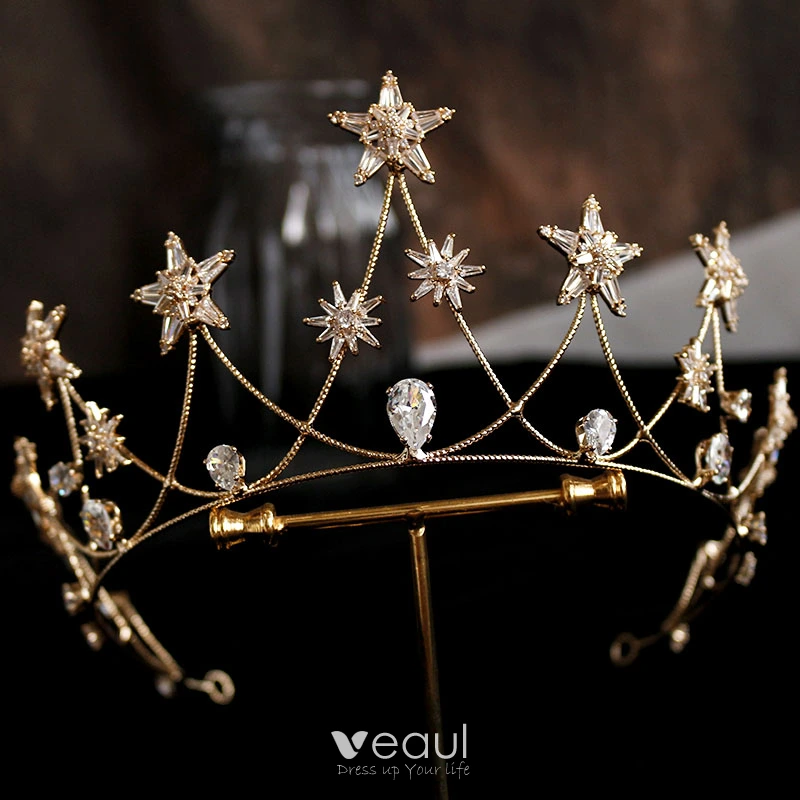 Modest / Simple Gold Tiara 2018 Metal Crystal Beading Rhinestone