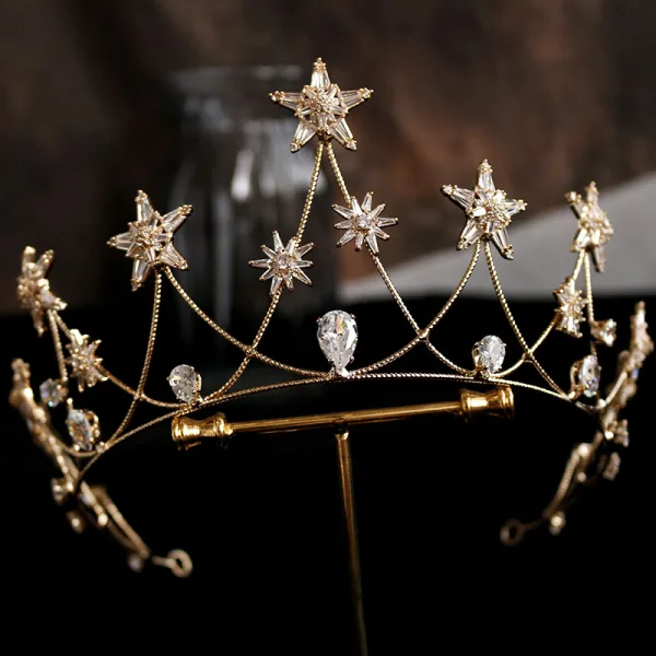 Modest / Simple Gold Tiara Bridal Hair Accessories 2020 Alloy Star Beading Rhinestone Wedding Accessories