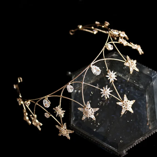 Modest / Simple Gold Tiara Bridal Hair Accessories 2020 Alloy Star Beading Rhinestone Wedding Accessories