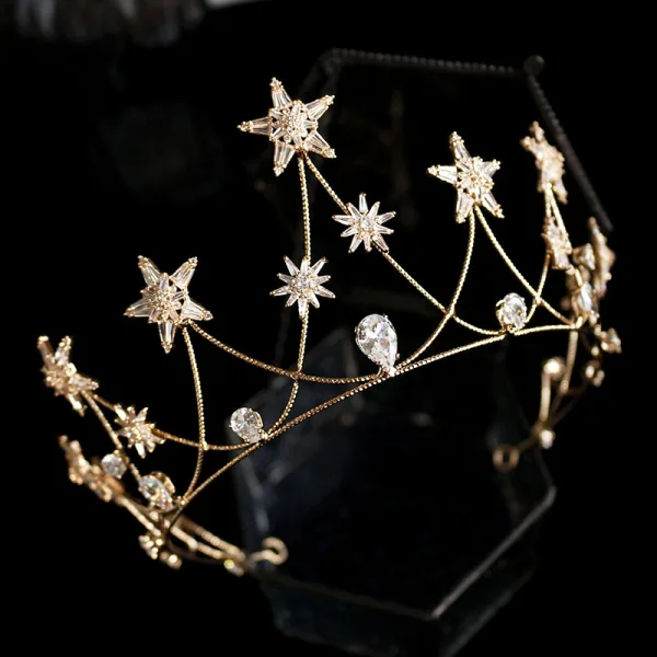 Modest / Simple Gold Tiara Bridal Hair Accessories 2020 Alloy Star Beading Rhinestone Wedding Accessories