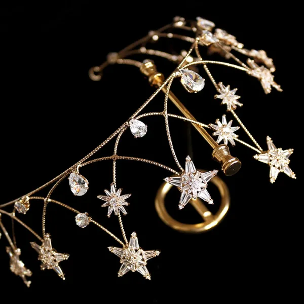 Modest / Simple Gold Tiara Bridal Hair Accessories 2020 Alloy Star Beading Rhinestone Wedding Accessories