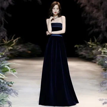 Chic Belle Bleu Marine Velour Robe De Soirée 2020 Princesse Bustier Sans Manches Ceinture Longue Dos Nu Robe De Ceremonie