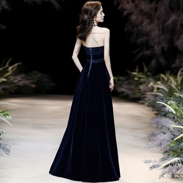 Chic / Beautiful Navy Blue Velour Evening Dresses 2020 A-Line / Princess Strapless Sleeveless Sash Floor-Length / Long Backless Formal Dresses