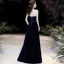 Chic / Beautiful Navy Blue Velour Evening Dresses  2020 A-Line / Princess Strapless Sleeveless Sash Floor-Length / Long Backless Formal Dresses