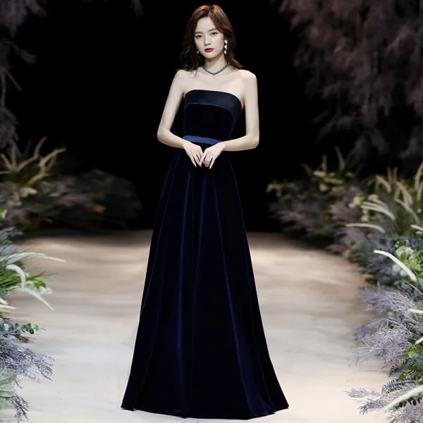 Chic / Beautiful Navy Blue Velour Evening Dresses 2020 A-Line / Princess Strapless Sleeveless Sash Floor-Length / Long Backless Formal Dresses