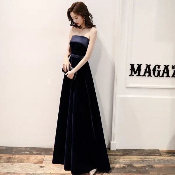 Chic / Beautiful Navy Blue Velour Evening Dresses 2020 A-Line / Princess Strapless Sleeveless Sash Floor-Length / Long Backless Formal Dresses