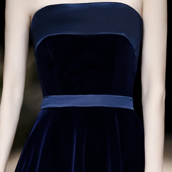 Chic / Beautiful Navy Blue Velour Evening Dresses 2020 A-Line / Princess Strapless Sleeveless Sash Floor-Length / Long Backless Formal Dresses