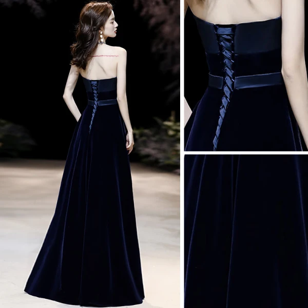 Chic / Beautiful Navy Blue Velour Evening Dresses 2020 A-Line / Princess Strapless Sleeveless Sash Floor-Length / Long Backless Formal Dresses