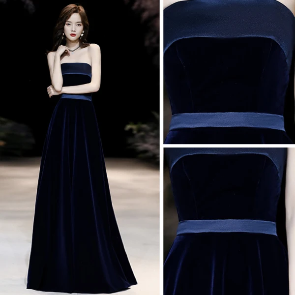 Chic / Beautiful Navy Blue Velour Evening Dresses 2020 A-Line / Princess Strapless Sleeveless Sash Floor-Length / Long Backless Formal Dresses