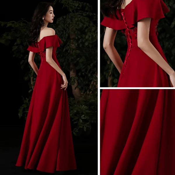 Schöne Rot Abendkleider 2020 A Linie Off Shoulder Kurze Ärmel Applikationen Spitze Perlenstickerei Stoffgürtel Gespaltete Front Lange Rüschen Rückenfreies Festliche Kleider