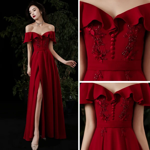 Schöne Rot Abendkleider 2020 A Linie Off Shoulder Kurze Ärmel Applikationen Spitze Perlenstickerei Stoffgürtel Gespaltete Front Lange Rüschen Rückenfreies Festliche Kleider