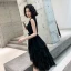 Chic / Belle Noire Robe De Cocktail 2020 Princesse V-Cou Sans Manches Ceinture Asymétrique Volants en Cascade Robe De Ceremonie