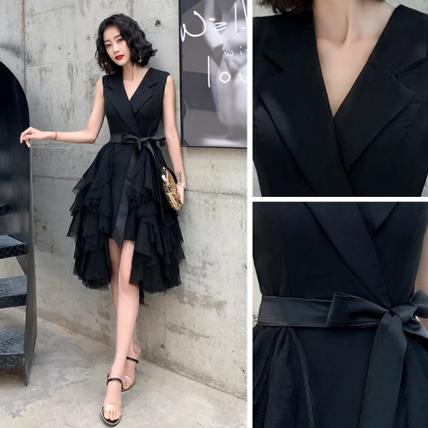 Chic / Belle Noire Robe De Cocktail 2020 Princesse V-Cou Sans Manches Ceinture Asymétrique Volants en Cascade Robe De Ceremonie