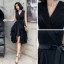 Chic / Belle Noire Robe De Cocktail 2020 Princesse V-Cou Sans Manches Ceinture Asymétrique Volants en Cascade Robe De Ceremonie