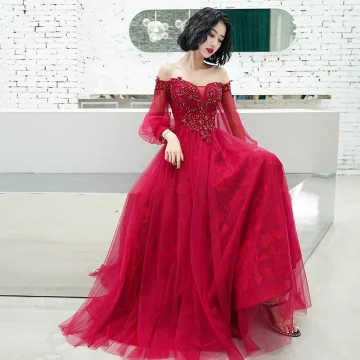 Elegant Burgundy Evening Dresses 2020 A Line Princess Off The Shoulder Puffy 3 4 Sleeve Appliques Lace Beading Floor Length Long Ruffle Backless Formal Dresses
