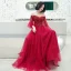 Elegant Burgundy Evening Dresses  2020 A-Line / Princess Off-The-Shoulder Puffy 3/4 Sleeve Appliques Lace Beading Floor-Length / Long Ruffle Backless Formal Dresses