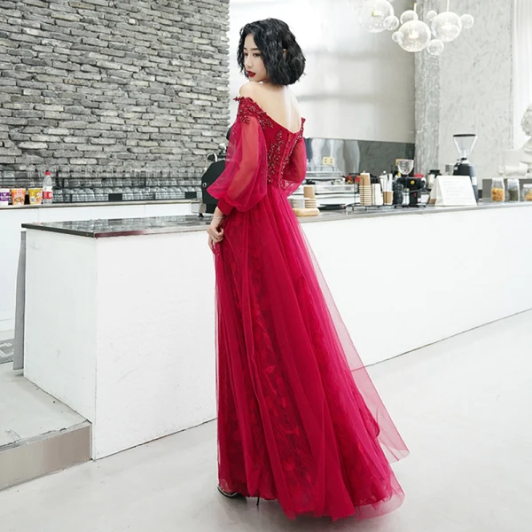 Elegant Burgundy Evening Dresses 2020 A-Line / Princess Off-The-Shoulder Puffy 3/4 Sleeve Appliques Lace Beading Floor-Length / Long Ruffle Backless Formal Dresses