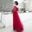 Elegant Burgundy Evening Dresses  2020 A-Line / Princess Off-The-Shoulder Puffy 3/4 Sleeve Appliques Lace Beading Floor-Length / Long Ruffle Backless Formal Dresses