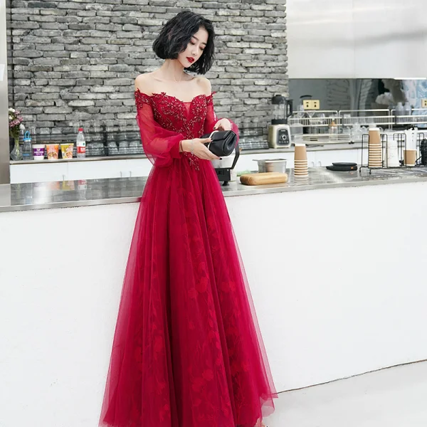 Elegant Burgundy Evening Dresses 2020 A-Line / Princess Off-The-Shoulder Puffy 3/4 Sleeve Appliques Lace Beading Floor-Length / Long Ruffle Backless Formal Dresses