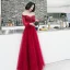 Elegant Burgundy Evening Dresses  2020 A-Line / Princess Off-The-Shoulder Puffy 3/4 Sleeve Appliques Lace Beading Floor-Length / Long Ruffle Backless Formal Dresses