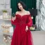 Elegant Burgundy Evening Dresses  2020 A-Line / Princess Off-The-Shoulder Puffy 3/4 Sleeve Appliques Lace Beading Floor-Length / Long Ruffle Backless Formal Dresses