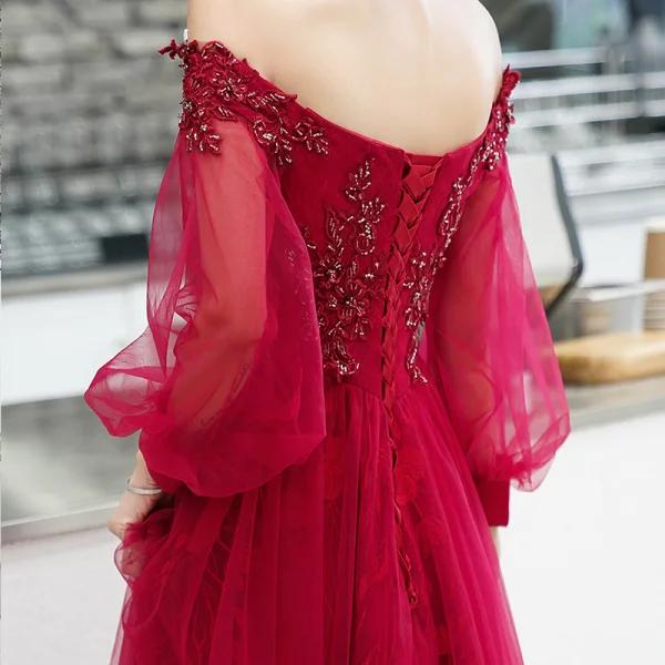 Elegant Burgundy Evening Dresses 2020 A-Line / Princess Off-The-Shoulder Puffy 3/4 Sleeve Appliques Lace Beading Floor-Length / Long Ruffle Backless Formal Dresses