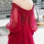 Elegant Burgundy Evening Dresses  2020 A-Line / Princess Off-The-Shoulder Puffy 3/4 Sleeve Appliques Lace Beading Floor-Length / Long Ruffle Backless Formal Dresses