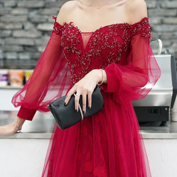 Elegant Burgundy Evening Dresses 2020 A-Line / Princess Off-The-Shoulder Puffy 3/4 Sleeve Appliques Lace Beading Floor-Length / Long Ruffle Backless Formal Dresses