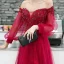 Elegant Burgundy Evening Dresses  2020 A-Line / Princess Off-The-Shoulder Puffy 3/4 Sleeve Appliques Lace Beading Floor-Length / Long Ruffle Backless Formal Dresses