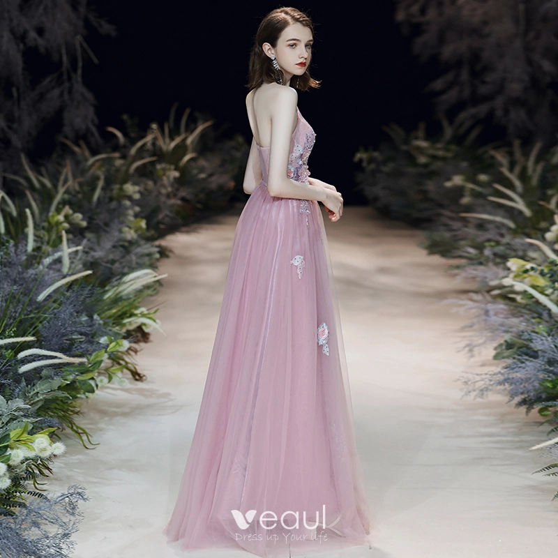 Flower Fairy Blushing Pink Evening Dresses 2020 A Line Princess Sweetheart  Sleeveless Flower Appliques Lace Beading Floor Length Long Ruffle Backless  Formal Dresses