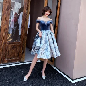 Fashion Navy Blue Homecoming Graduation Dresses 2020 Ball Gown Off The Shoulder Short Sleeve Flower Ruffle Knee Length Backless Formal Dresses