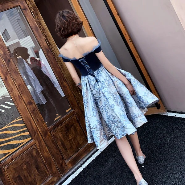Fashion Navy Blue Homecoming Graduation Dresses 2020 Ball Gown Off-The-Shoulder Short Sleeve Flower Ruffle Knee-Length Backless Formal Dresses
