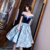 Fashion Navy Blue Homecoming Graduation Dresses 2020 Ball Gown Off-The-Shoulder Short Sleeve Flower Ruffle Knee-Length Backless Formal Dresses